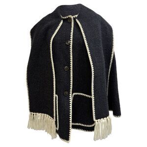 Totême Draped Fringed Jacket in Grey Wool